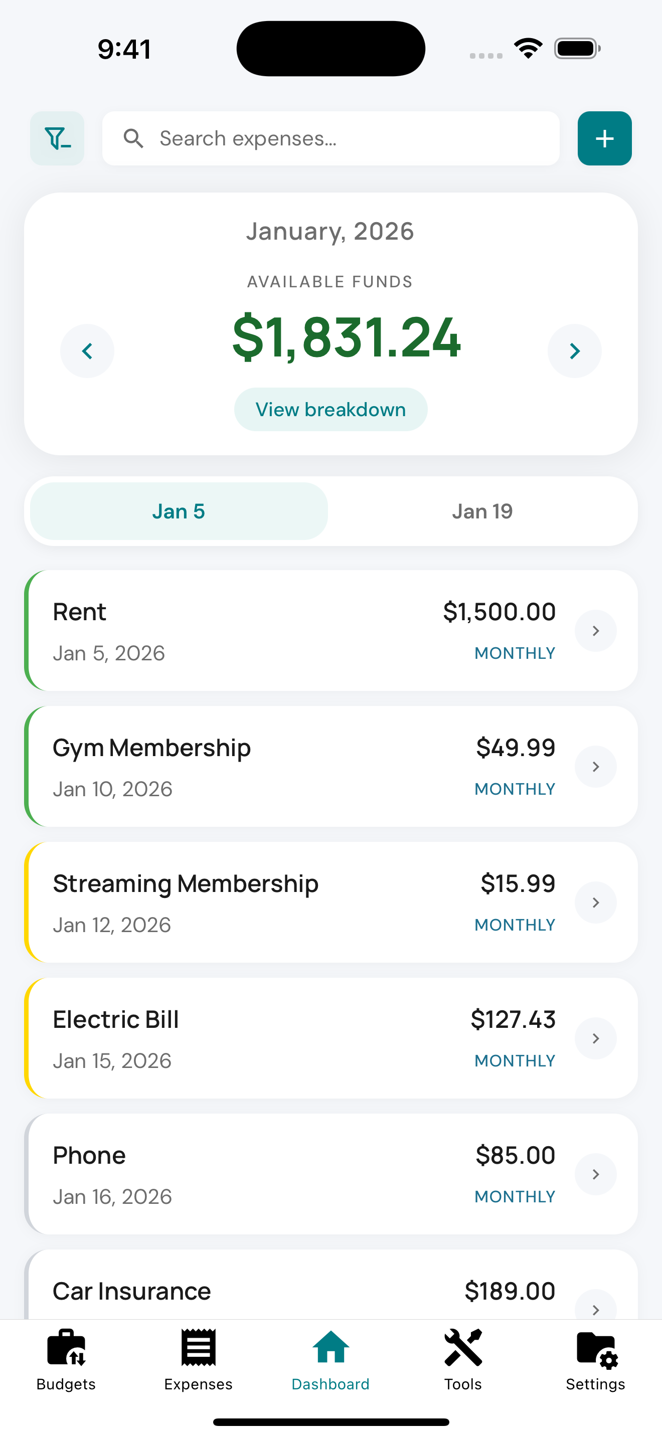 BudgetThrow Dashboard showing Available Funds